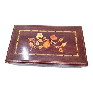 Exquisite Mahogany Wooden Jewelry Box Floral Marquetry Inlay & Mirror Interior